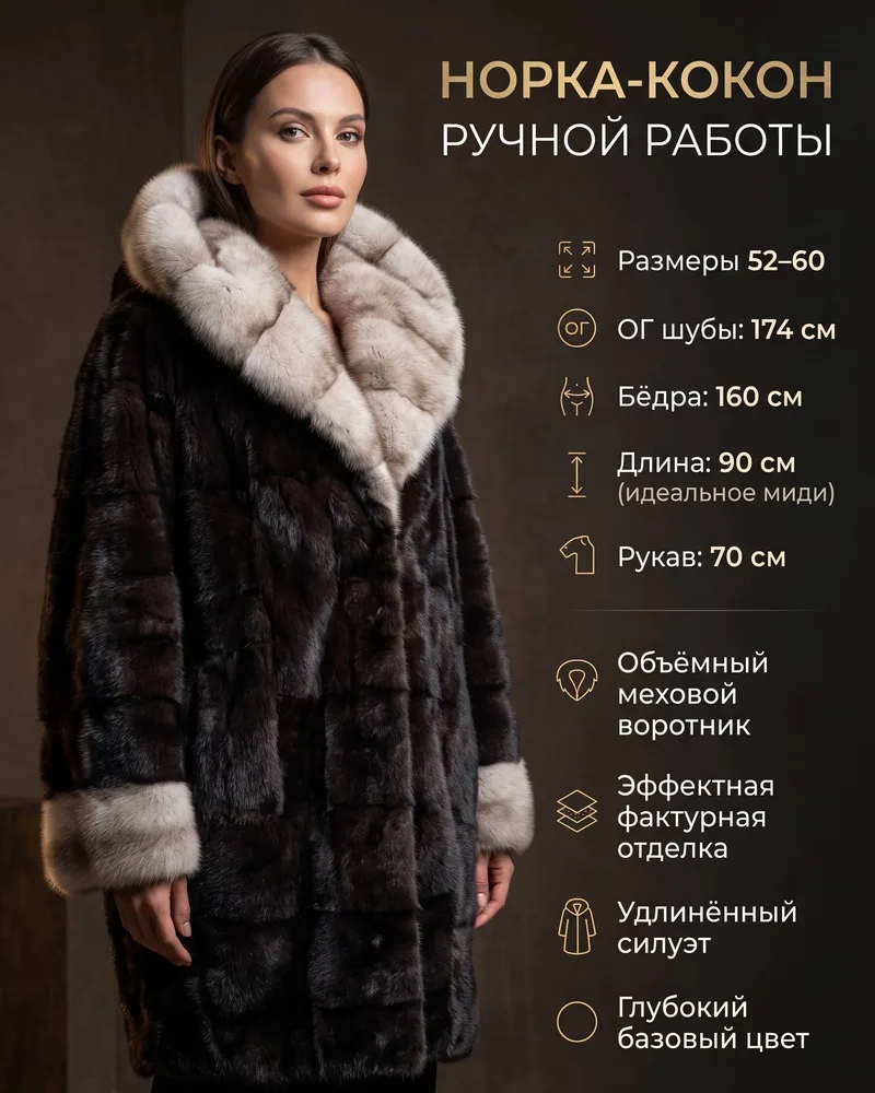 Шуба норка-кокон ручной работы, оверсайз